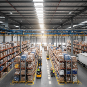 Wide panoramic view of a busy warehouse showing large scale operations and technology to improve asset tracking roi.