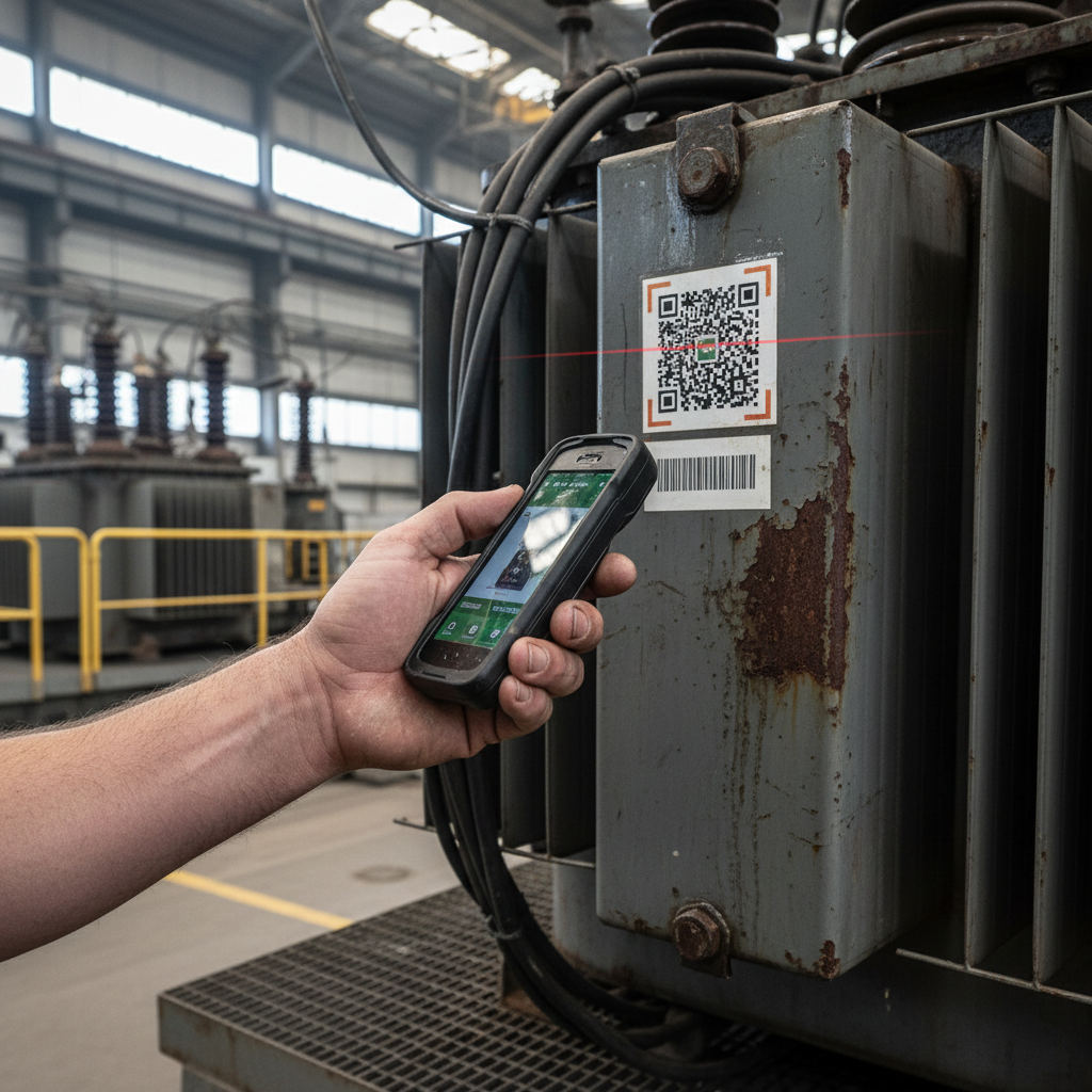 Close up of a technician using a mobile device linked to asset tracking software to scan a barcode on industrial equipment.
