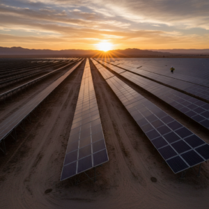 Wide view of a solar farm where technicians use asset tracking software to monitor thousands of energy panels at sunset.