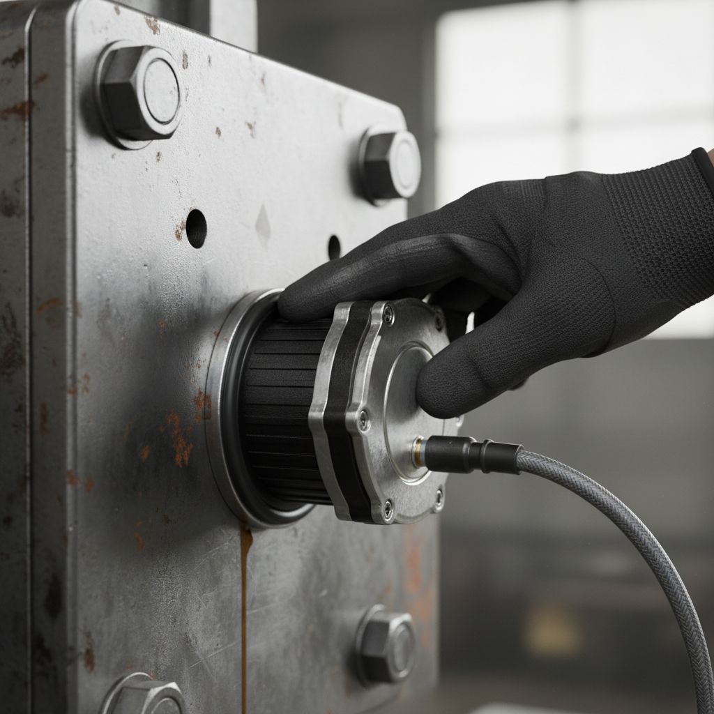 Close up of a technician installing a smart sensor as part of modern asset tracking technologies on equipment.