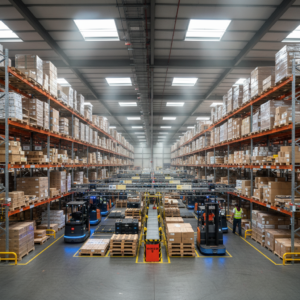 Wide angle view of a vast warehouse using asset tracking technologies to manage inventory under natural light.