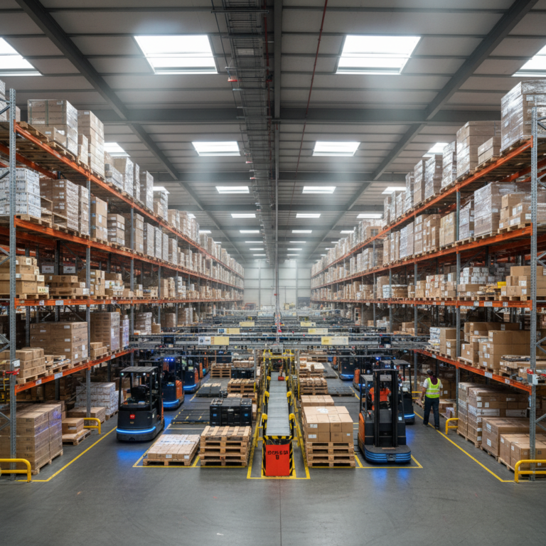 Wide angle view of a vast warehouse using asset tracking technologies to manage inventory under natural light.