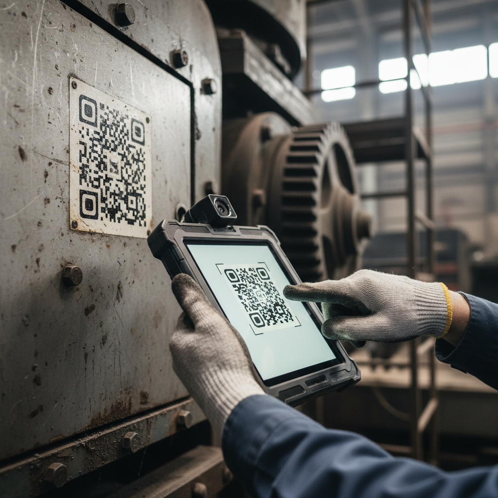 Close up of a technician using a digital tablet for asset utilization tracking on heavy machinery in a factory.