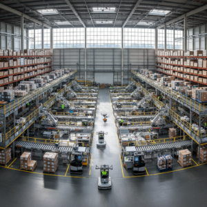Wide view of an industrial warehouse showing large scale logistics and asset utilization tracking for fleet management.