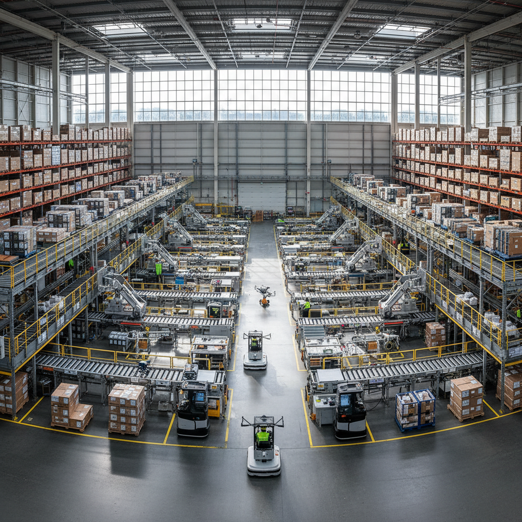 Wide view of an industrial warehouse showing large scale logistics and asset utilization tracking for fleet management.