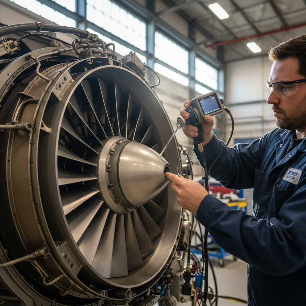 Close up of a technician inspecting a jet engine to maintain the aviation asset utilization rate through expert care.