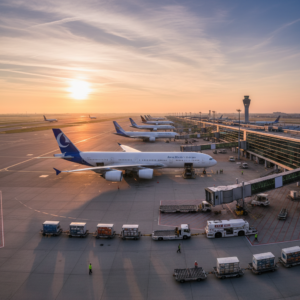 Wide view of active airport gates and planes at dawn reflecting a high aviation asset utilization rate in daily operations.