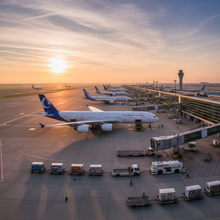 Wide view of active airport gates and planes at dawn reflecting a high aviation asset utilization rate in daily operations.