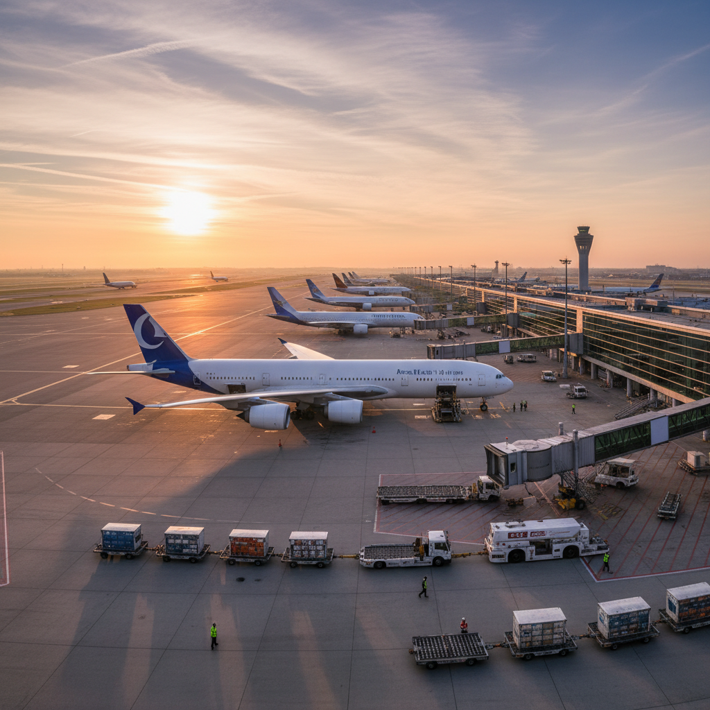 Wide view of active airport gates and planes at dawn reflecting a high aviation asset utilization rate in daily operations.