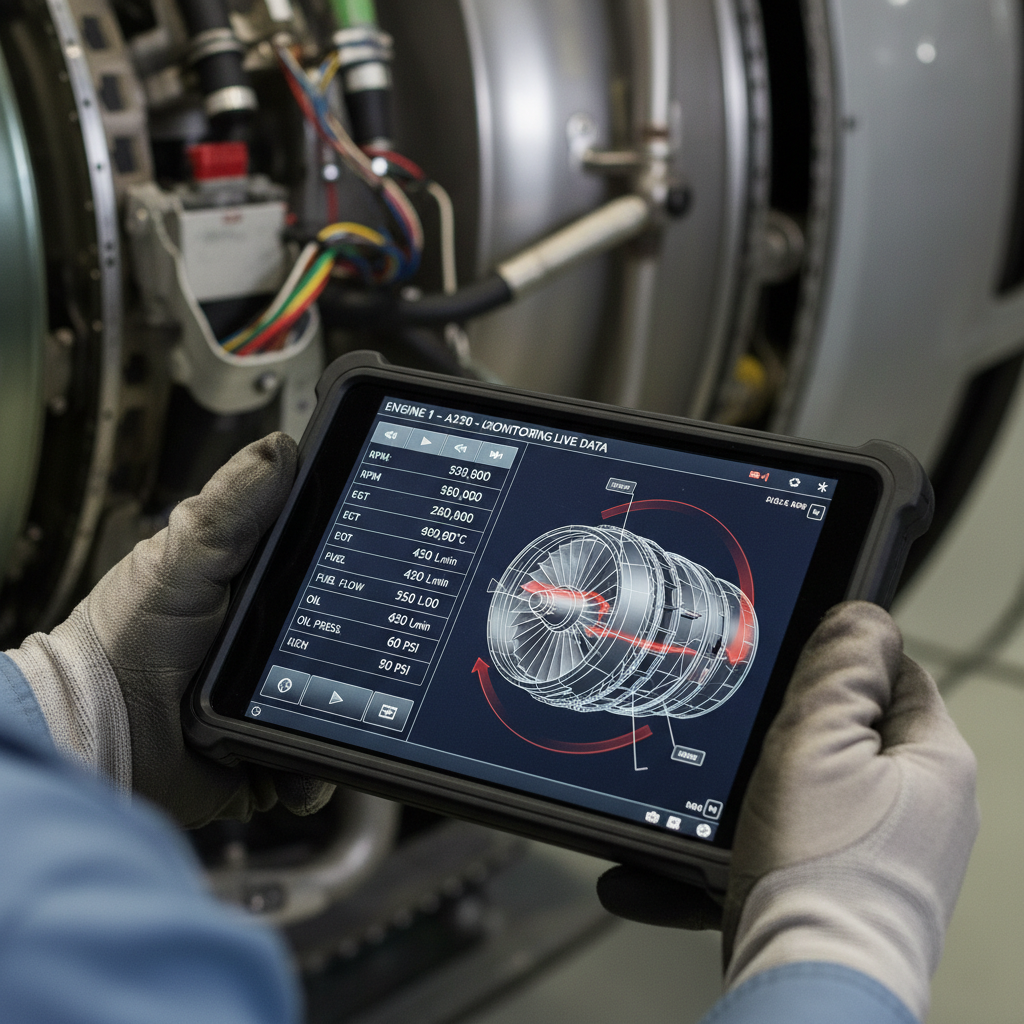 A close up of a technician using a digital tablet for maintenance as part of aviation digital transformation efforts.