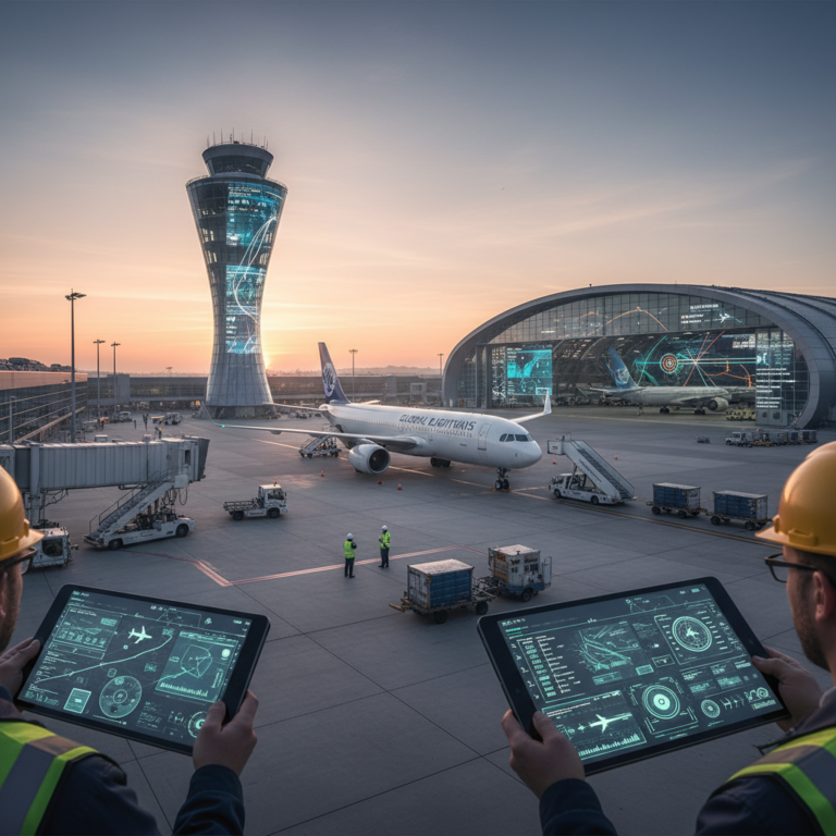 A wide view of an airplane hangar and digital control tower representing aviation digital transformation at a large scale.