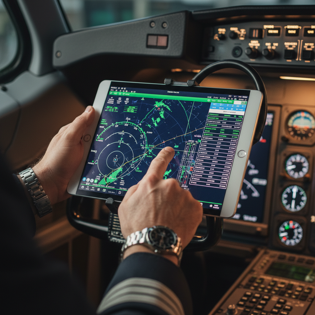 Close up of a pilot using a tablet in the cockpit displaying aviation digitalization benefits during flight operations.