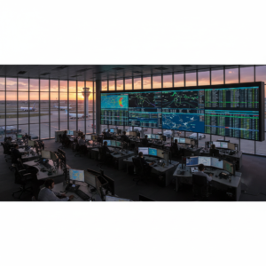 Wide view of a digital airport control room showing aviation digitalization benefits through real time flight tracking screens.