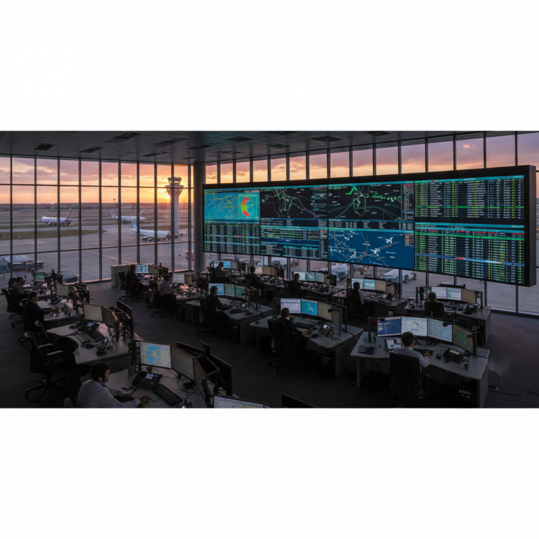 Wide view of a digital airport control room showing aviation digitalization benefits through real time flight tracking screens.