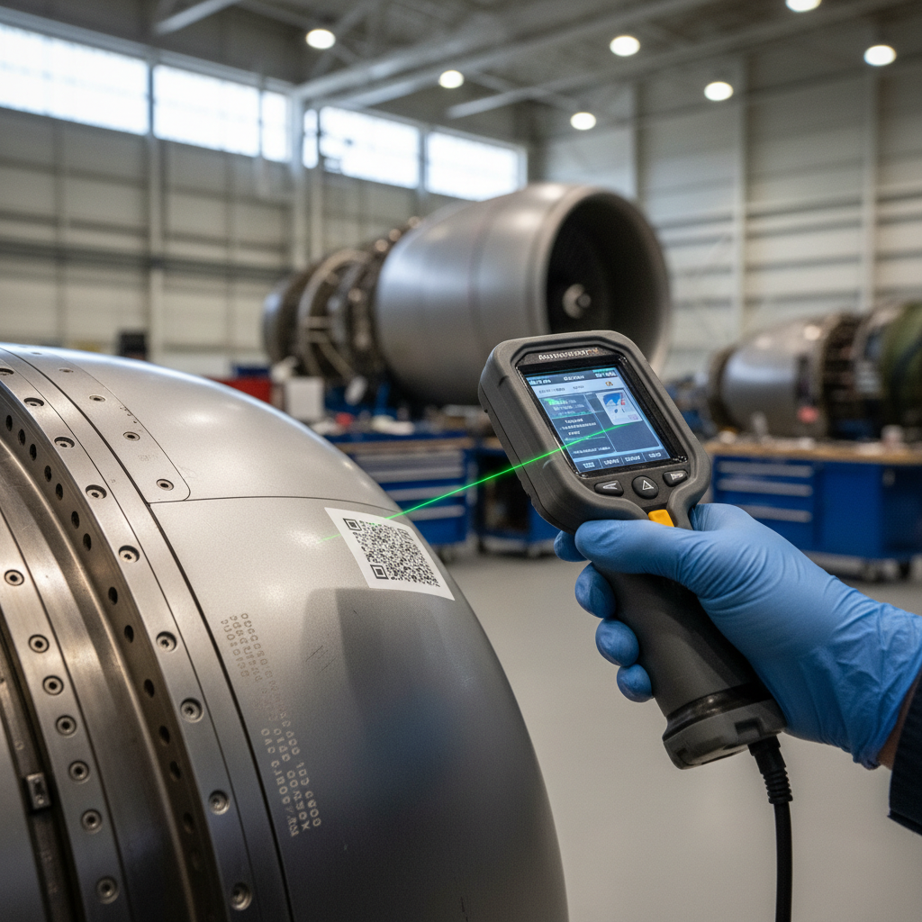 Close up of a technician scanning a jet engine part to ensure precision in aviation inventory optimization processes.