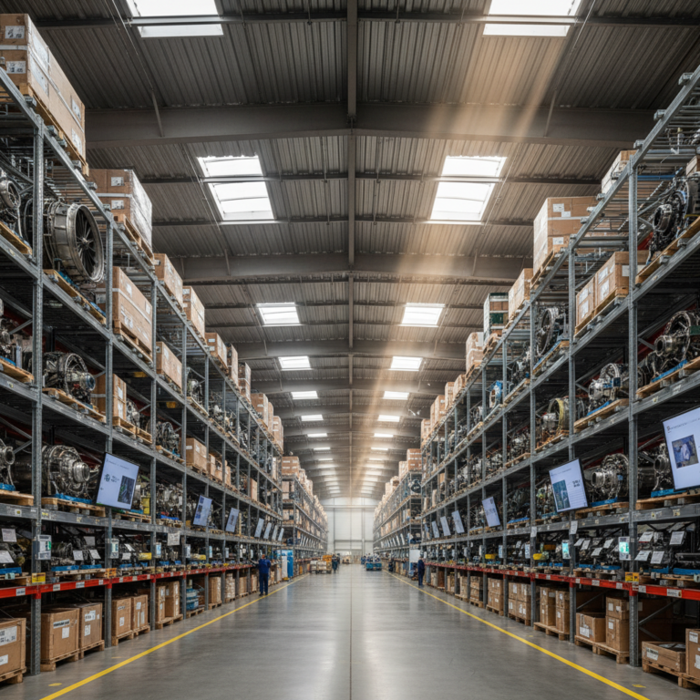 Wide view of a large aircraft parts warehouse illustrating effective aviation inventory optimization and industrial scale.