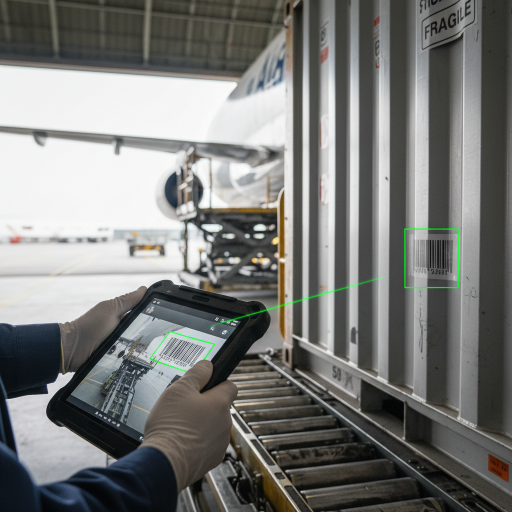 Close up of a worker scanning a cargo container barcode to ensure precise aviation logistics management on the tarmac.