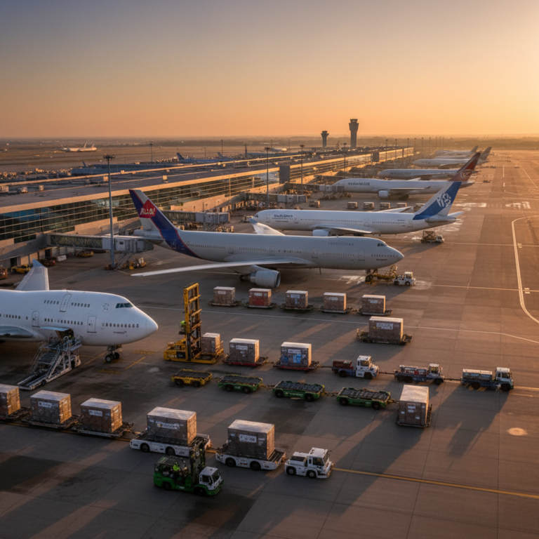 Wide view of cargo planes and ground vehicles at a busy airport terminal for efficient aviation logistics management.