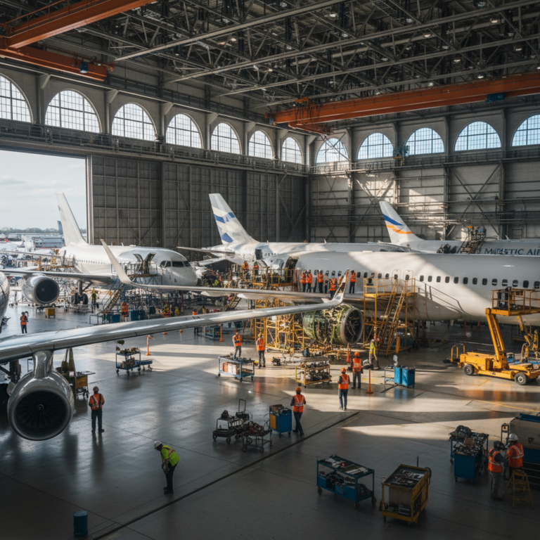 Wide view of a busy aircraft hangar showing teams working to improve aviation maintenance productivity on several jets.