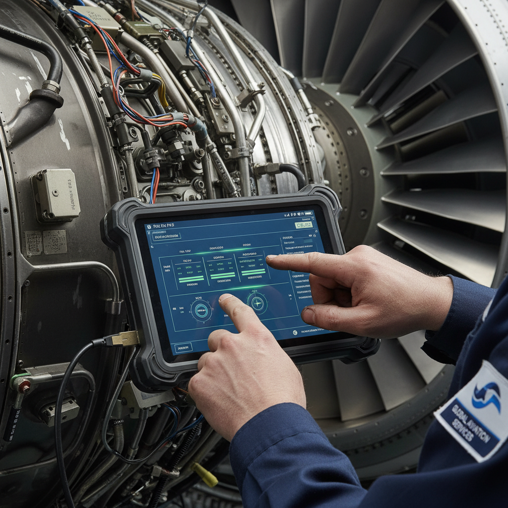 Close up of a technician using a digital tablet near a jet engine to improve aviation operational efficiency.
