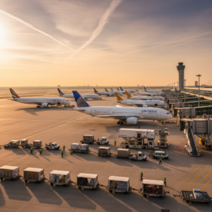 A wide aerial view of airport gates and planes showing aviation operational efficiency in a busy transport hub.
