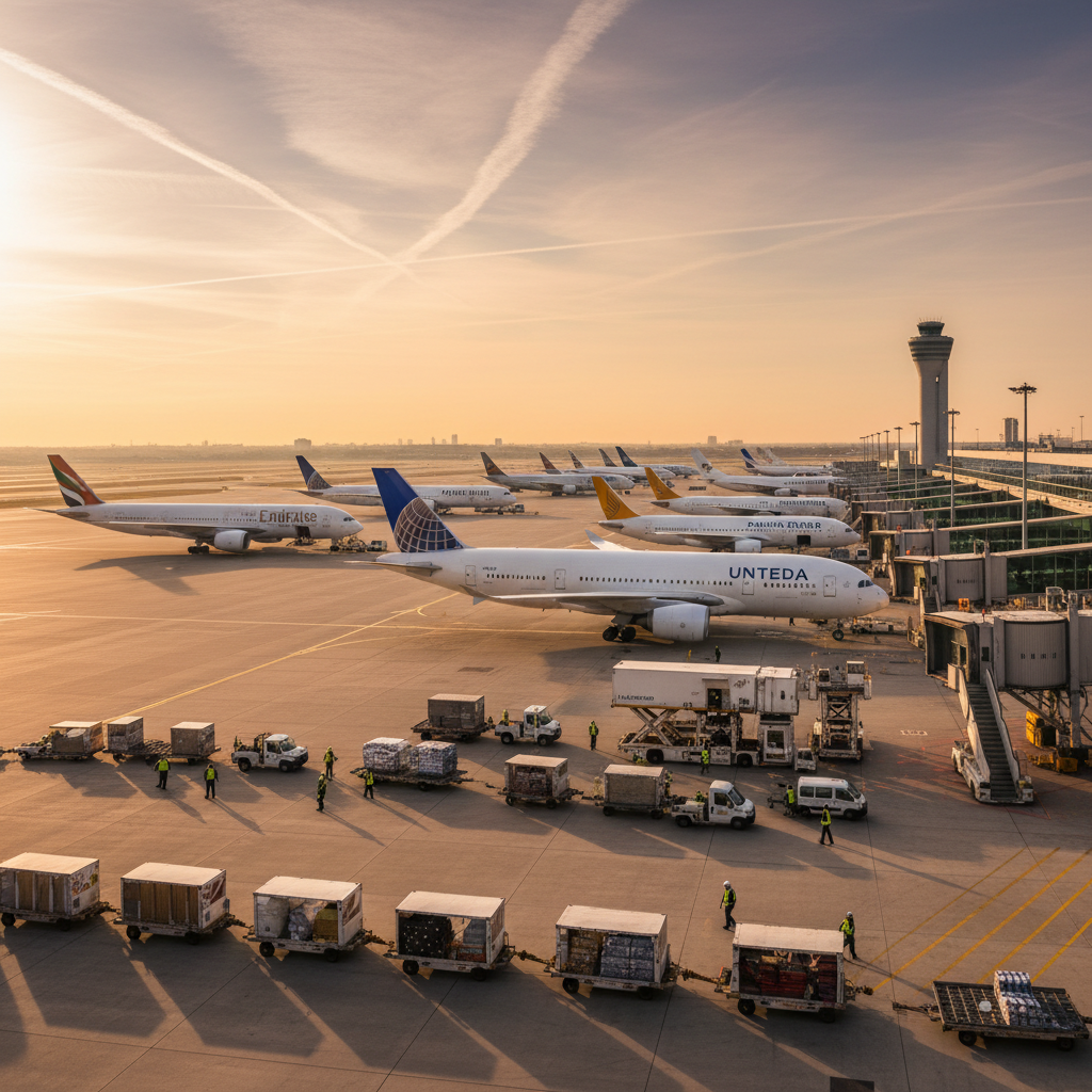 A wide aerial view of airport gates and planes showing aviation operational efficiency in a busy transport hub.