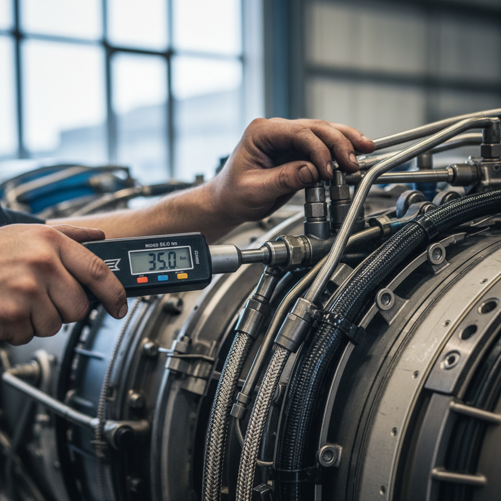A close up of a technician performing precision maintenance to improve aviation workforce productivity on a jet engine.