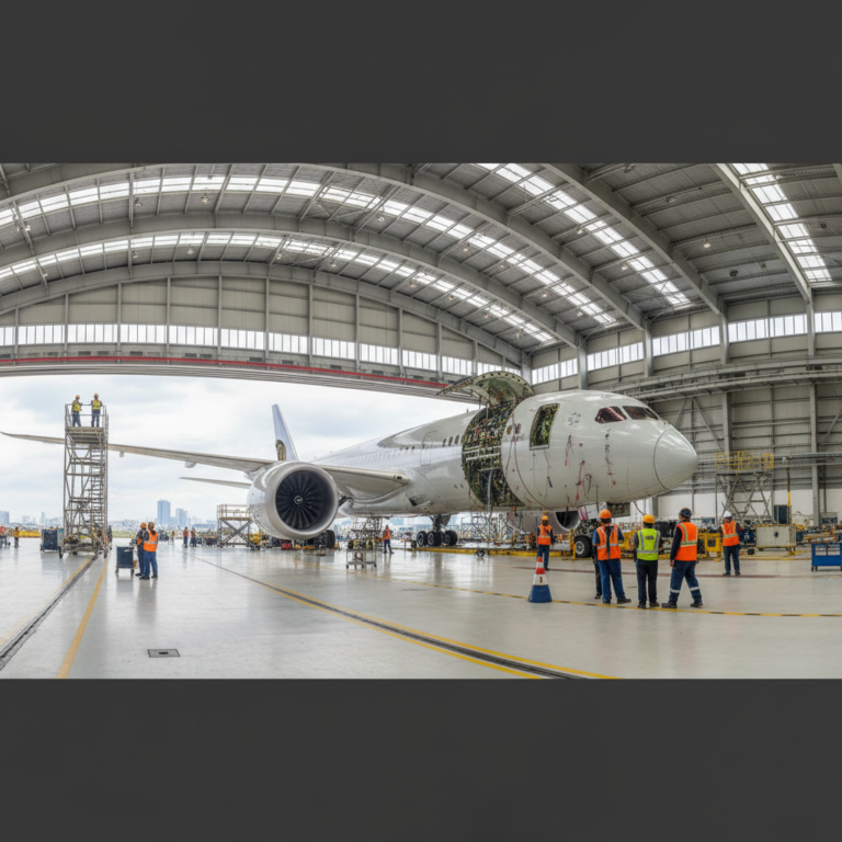 Engineers working around a large jet in a hangar showing high aviation workforce productivity through organized teamwork.