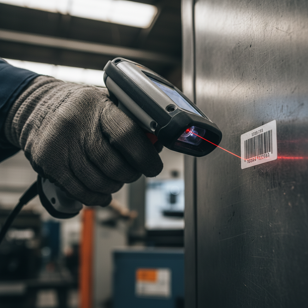 Detail of a handheld scanner reading a label for an efficient barcode asset tracking system in a facility.