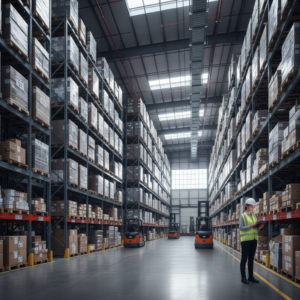 Manager scanning inventory in a vast warehouse using a modern barcode asset tracking system in wide view.