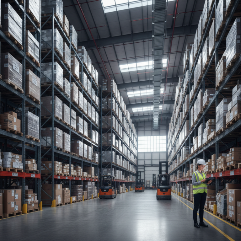 Manager scanning inventory in a vast warehouse using a modern barcode asset tracking system in wide view.