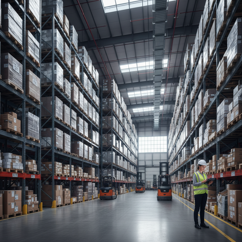 Manager scanning inventory in a vast warehouse using a modern barcode asset tracking system in wide view.