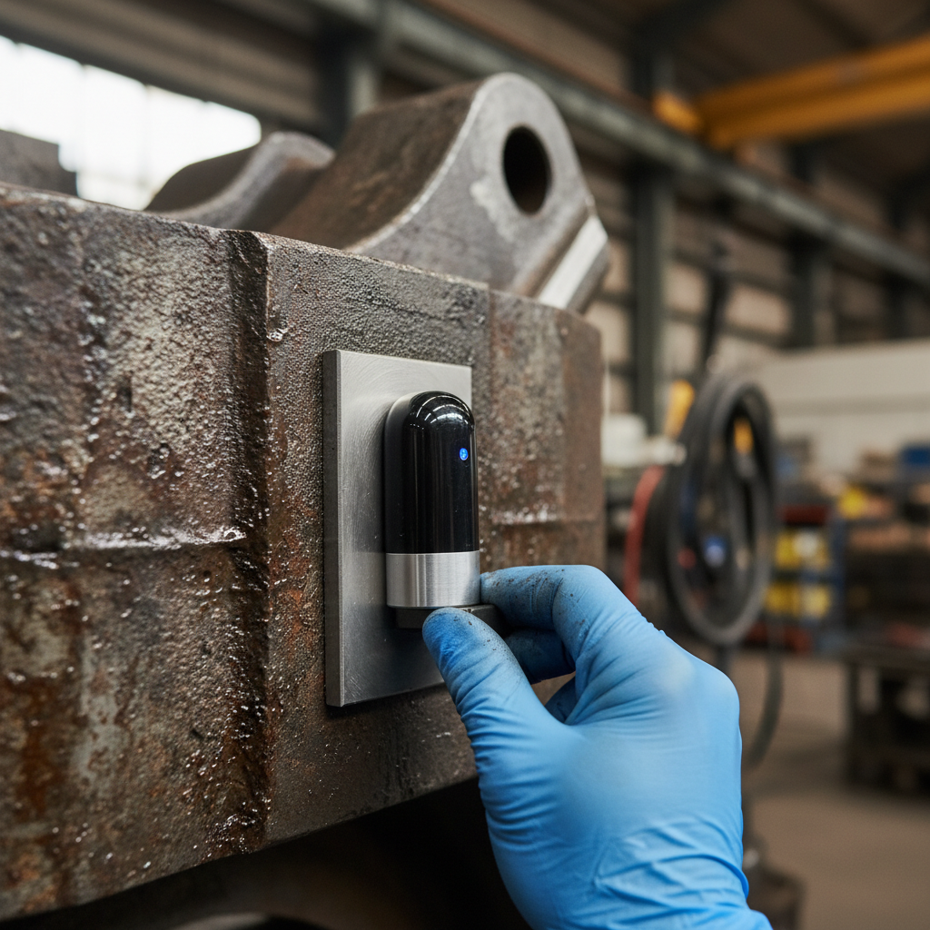 Detailed close up of a technician installing a smart tag for bluetooth asset tracking on industrial equipment.