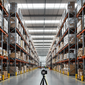 Wide view of a modern warehouse showing professional bluetooth asset tracking systems for large scale inventory management.