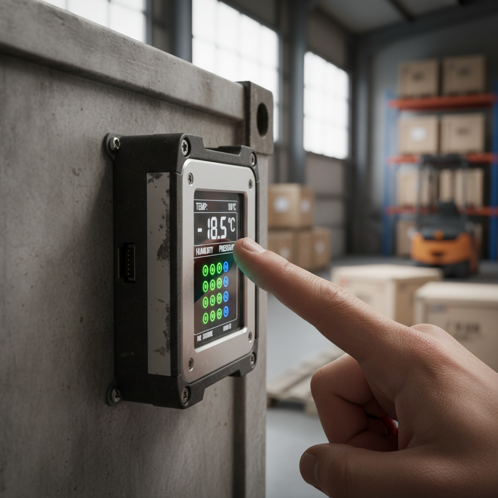 Detailed close up of a sensor device used for cargo condition monitoring on a shipping container in a warehouse.