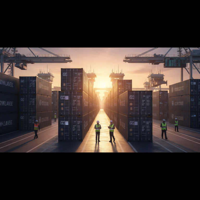 Logistic terminal with stacked containers and staff performing cargo condition monitoring in a wide industrial landscape.