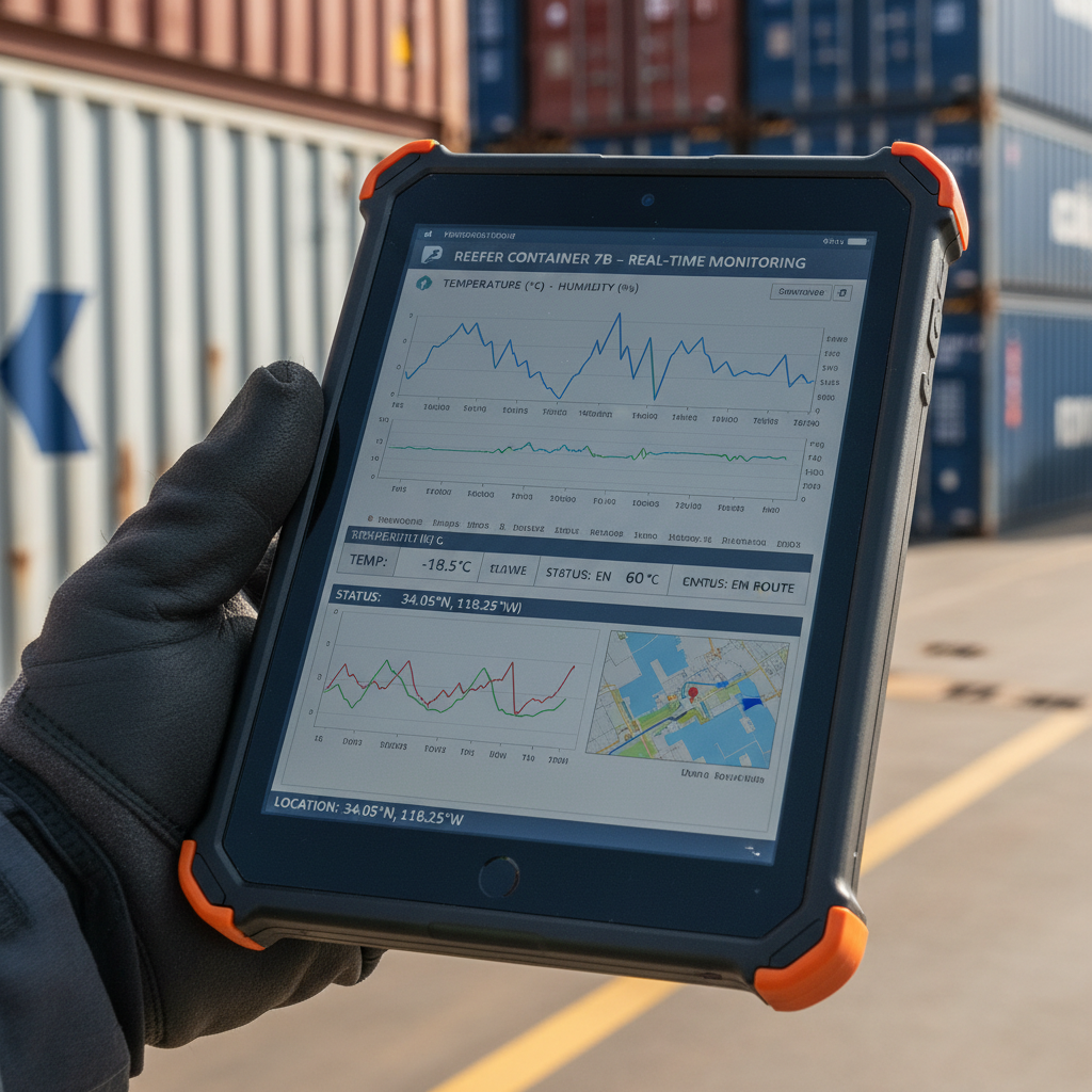 A close up of a digital tablet displaying logistics data for real time cargo monitoring at sea on a shipping vessel.