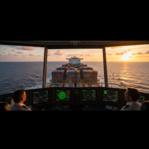 Wide view of a large container ship on the ocean seen from the bridge representing cargo monitoring at sea during transit.