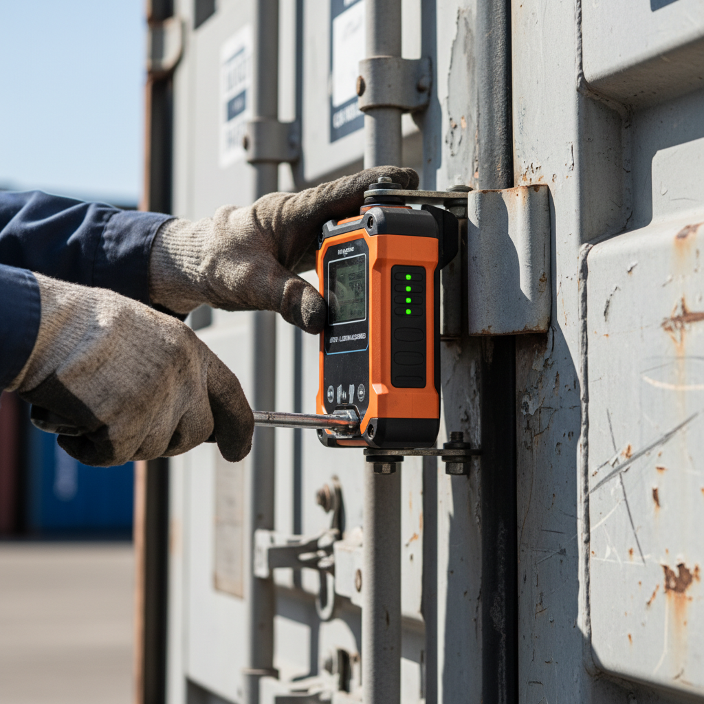 Close up of a smart sensor device for cargo tracking technology being installed on a metal shipping container door.