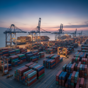 Wide panoramic view of a busy shipping port terminal showcasing integrated cargo tracking technology systems at sunset.