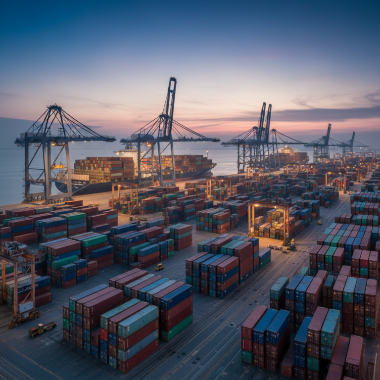 Wide panoramic view of a busy shipping port terminal showcasing integrated cargo tracking technology systems at sunset.