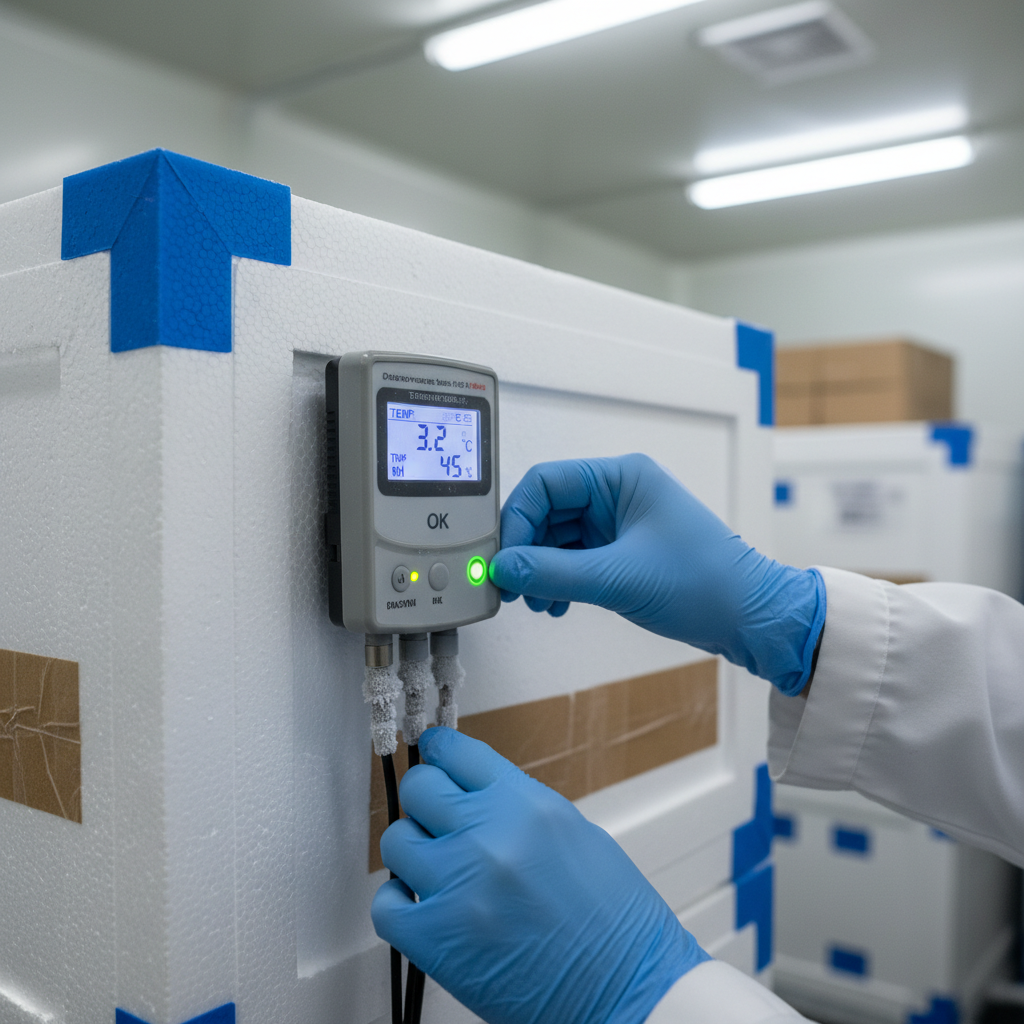 Technician checking a digital sensor display during cold chain air freight monitoring of temperature sensitive goods.