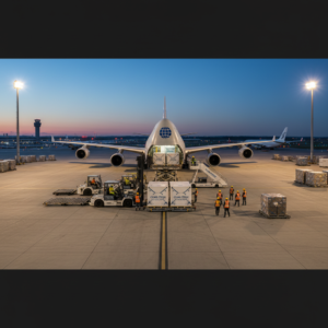 Ground crew loading thermal containers onto a cargo plane for cold chain air freight monitoring in an airport terminal.