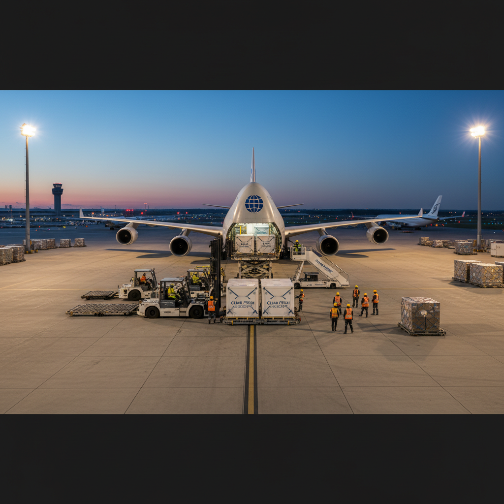 Ground crew loading thermal containers onto a cargo plane for cold chain air freight monitoring in an airport terminal.