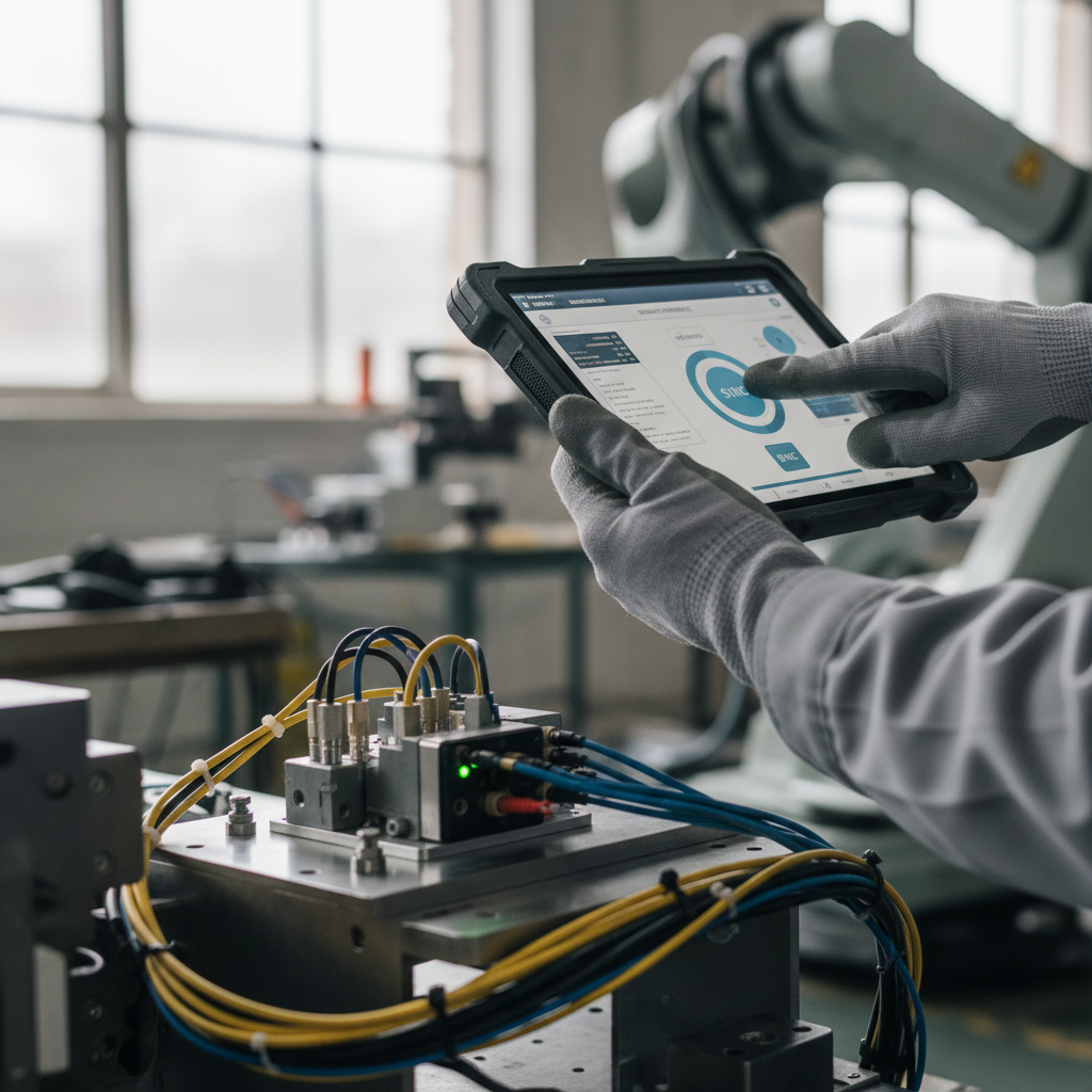 Close-up of a technician using a mobile tablet to control automated gear in connected manufacturing systems.