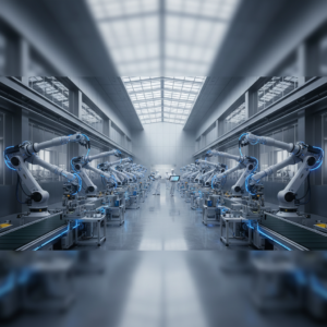 Wide view of a high-tech factory floor showing robots and digital infrastructure for connected manufacturing systems.