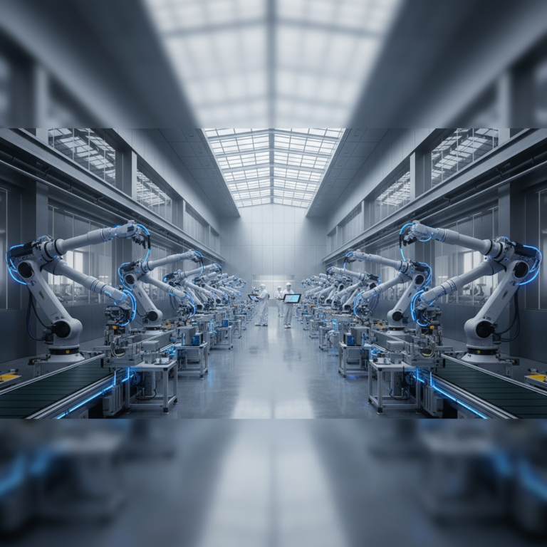 Wide view of a high-tech factory floor showing robots and digital infrastructure for connected manufacturing systems.