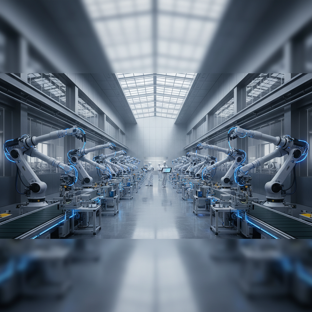 Wide view of a high-tech factory floor showing robots and digital infrastructure for connected manufacturing systems.