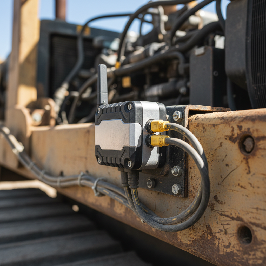 Close up of a GPS telematics device installed on a bulldozer for high tech construction equipment tracking and monitoring.