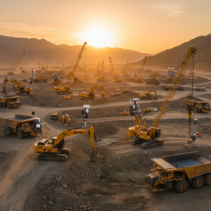 Wide view of a busy job site with cranes and excavators demonstrating professional construction equipment tracking systems.